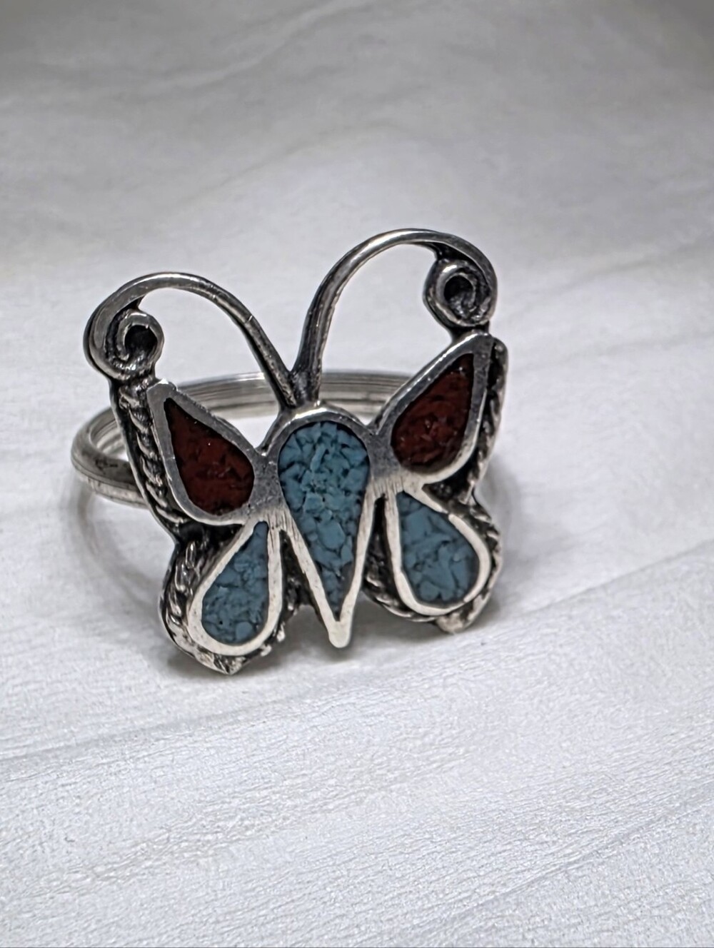Vintage Navajo Sterling Silver Turquoise Coral Butterfly Ring